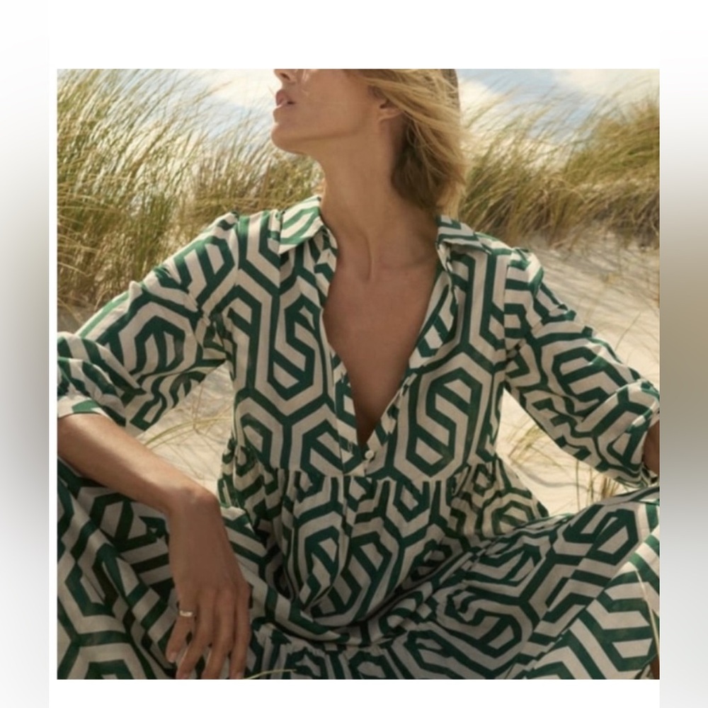Zara green geometric cotton maxi dress size small